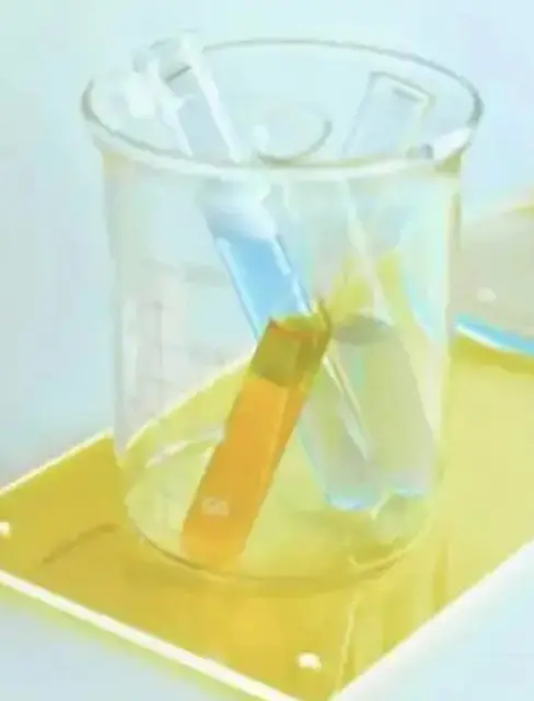 A pH test strip in a beaker with liquid.