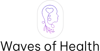 Purple line art of a woman's profile with a heart and floral design.