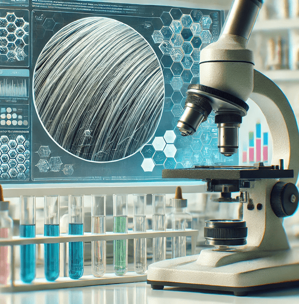 Microscope analyzing fibers in a lab with test tubes in the background.