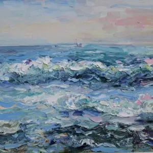 Impressionistic painting of a turbulent sea under a pastel sky.