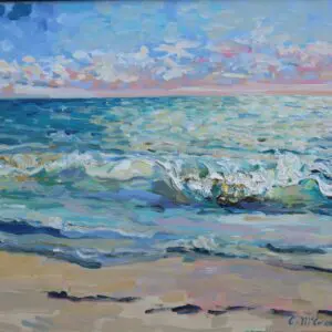 Impressionist painting of waves crashing on a sandy beach at sunset.
