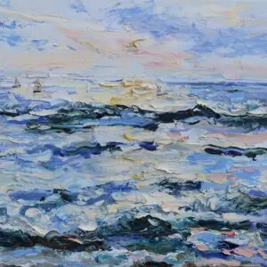 Impressionist painting of a turbulent sea under a cloudy sky.