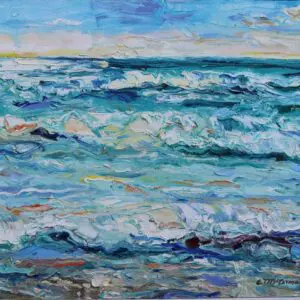 Impressionist-style painting of a turbulent sea with waves under a cloudy sky.