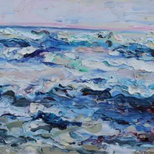 Impressionist painting of a turbulent sea with waves and a distant horizon.