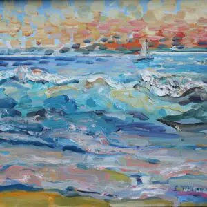 Impressionist painting of ocean waves under a colorful sky.