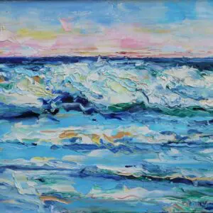 Impressionist painting of ocean waves under a colorful sky.
