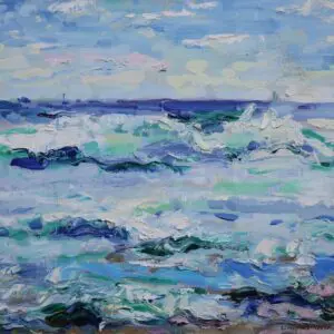 Impressionist painting of ocean waves crashing under a blue sky.