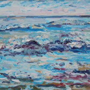 Impressionistic painting of a vibrant ocean scene with waves.