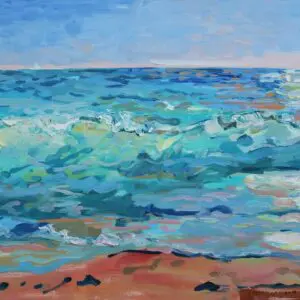 Vibrant impressionist painting of a seascape with waves and sandy shore.