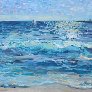 Impressionist painting of a serene ocean scene with boats and a cloudy sky.