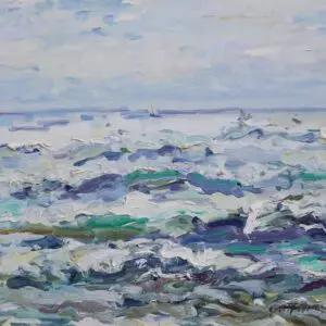 Impressionist seascape with turbulent waves under a cloudy sky.