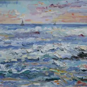 Impressionist painting of a seascape with waves and a sailboat at sunset.