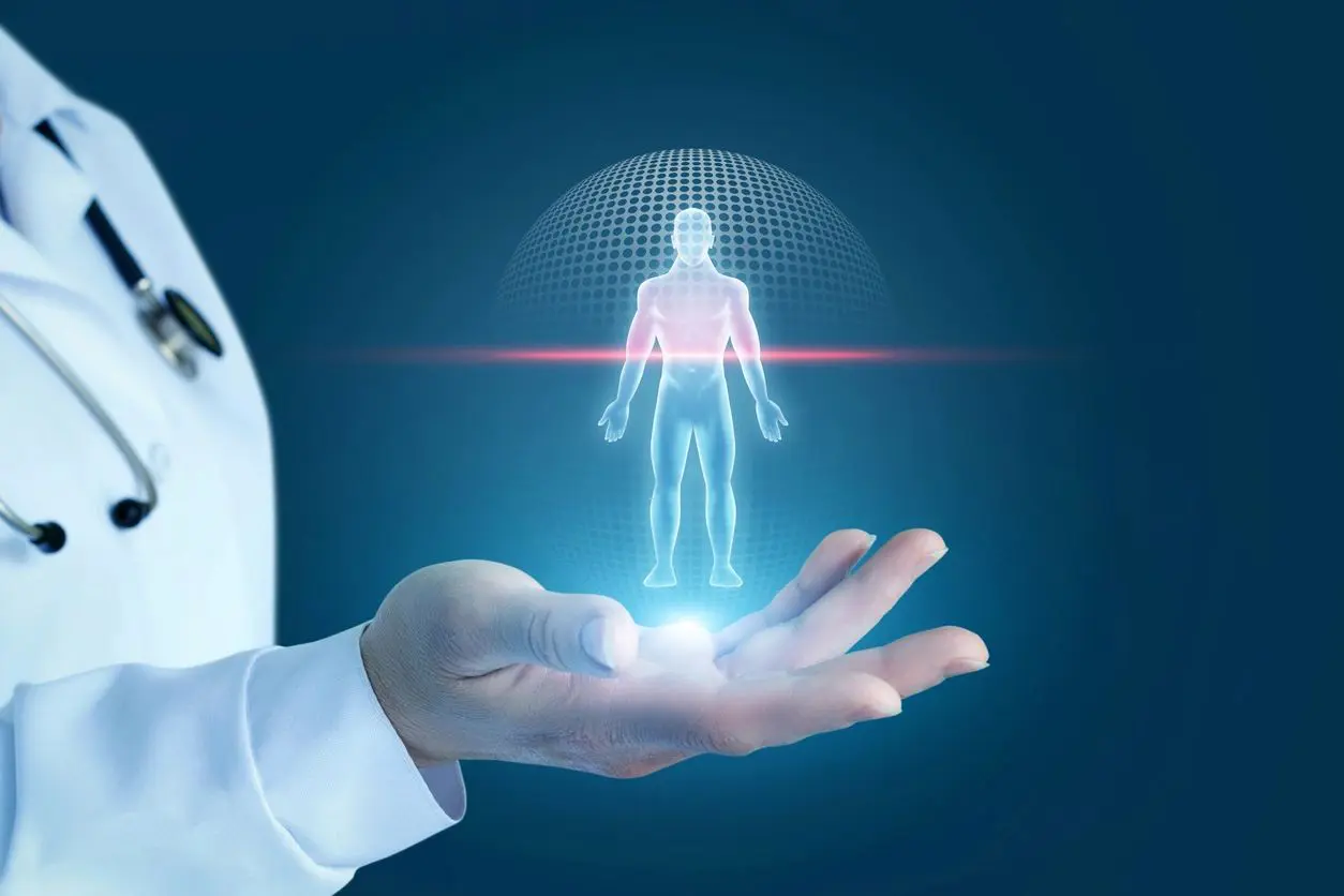 3D holographic human figure projected above a hand.
