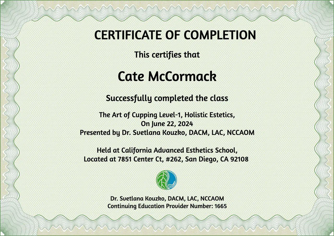 Certificate of completion awarded to Cate McCormack for a holistic healing course.