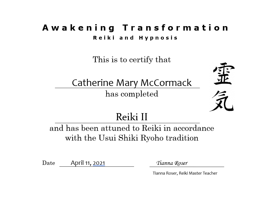 Certificate of Reiki II completion awarded to Catherine Mary McCormack.