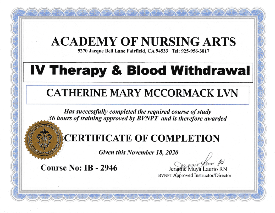 Certificate of completion for IV Therapy and Blood Withdrawal course.