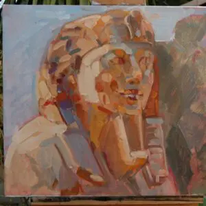 Abstract painting of a figure wearing a headdress with warm colors.