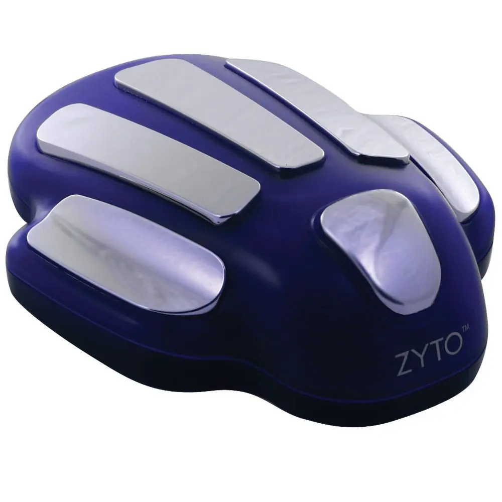A purple and white handheld device with finger grooves.