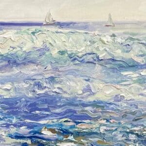 A painting of waves and sailboats in the ocean.