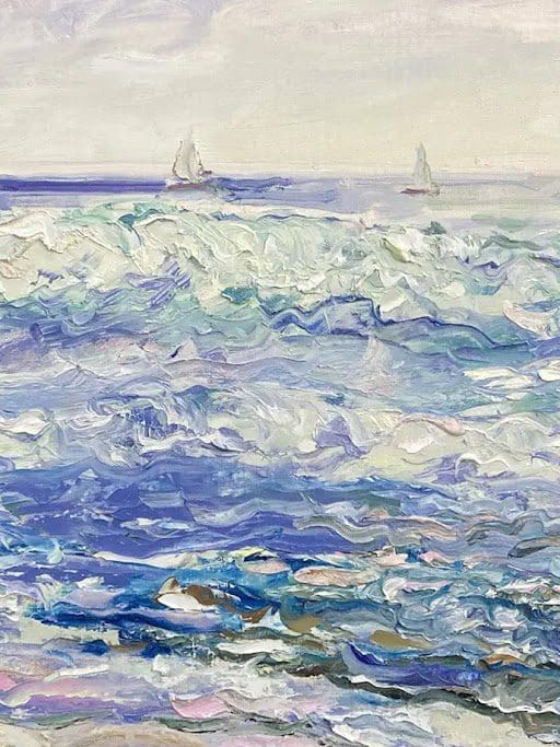 A painting of waves and sailboats in the ocean.