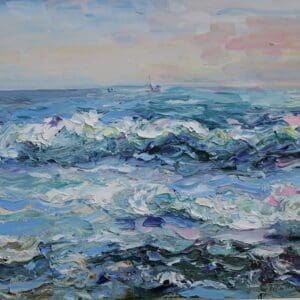 A painting of the ocean with waves crashing.