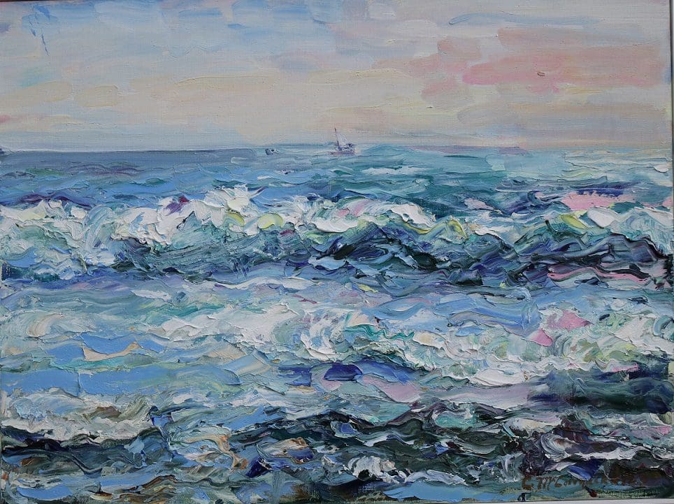 A painting of the ocean with waves crashing.