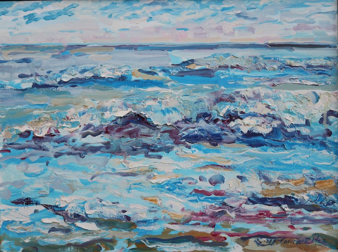 A painting of the ocean with waves coming in.