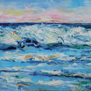 A painting of the ocean waves at sunset.