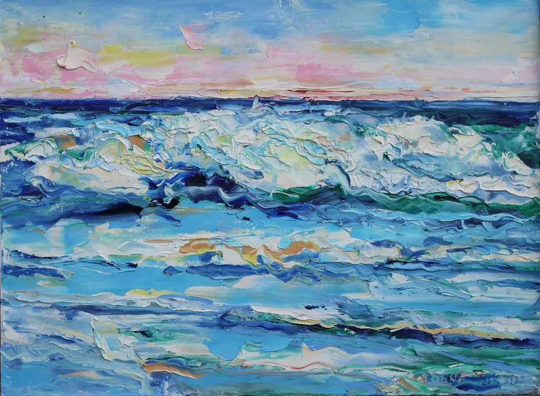 A painting of the ocean waves at sunset.