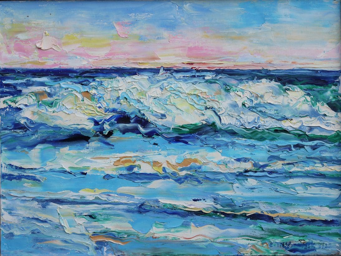 A painting of the ocean waves at sunset.