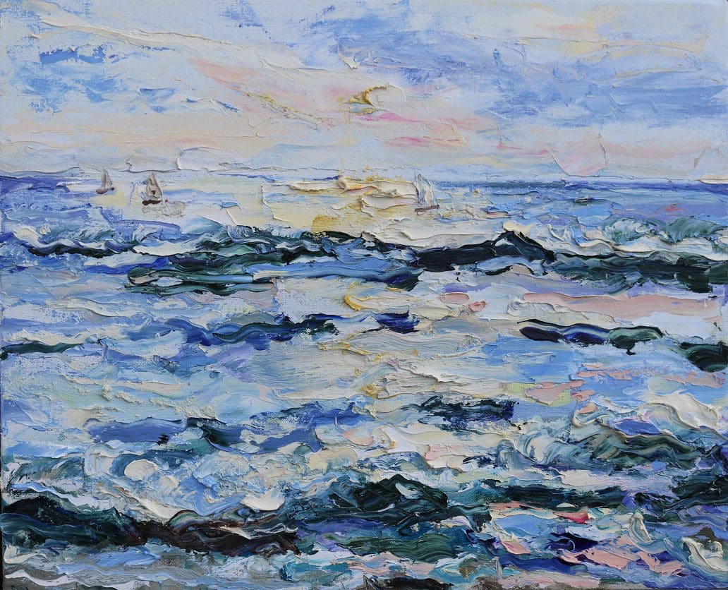 A painting of the ocean with waves coming in.