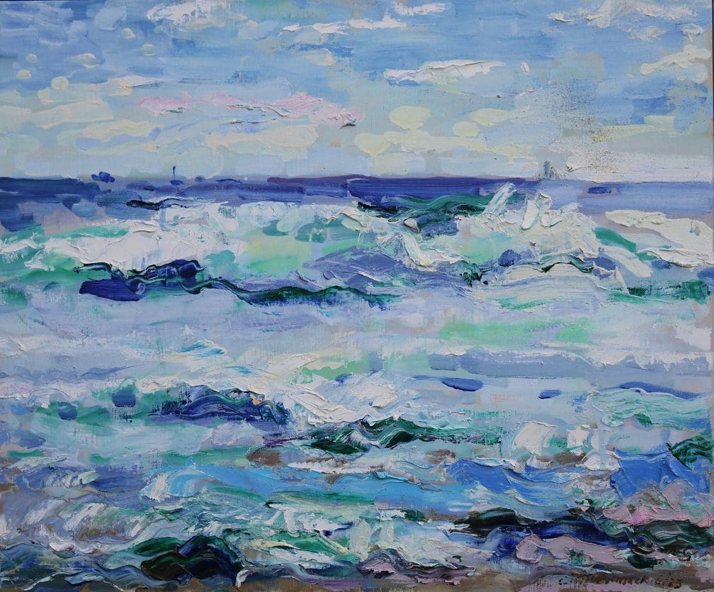 A painting of waves crashing on the beach