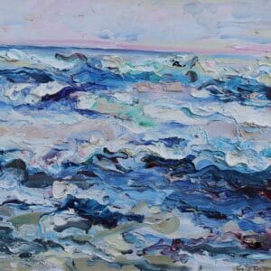 A painting of the ocean with waves coming in.