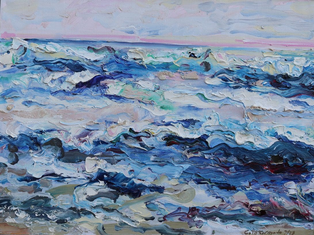 A painting of the ocean with waves coming in.