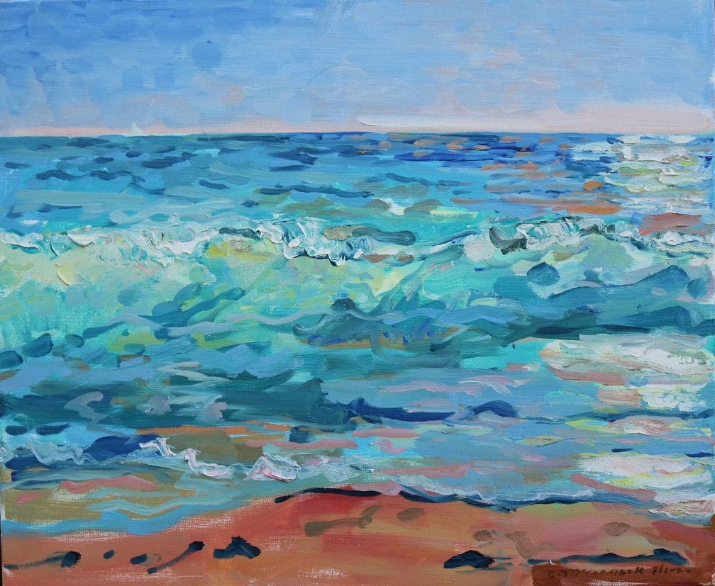 A painting of the ocean and waves on it