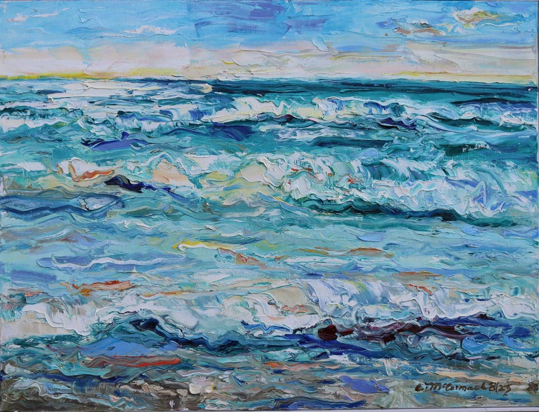 A painting of the ocean waves on a beach