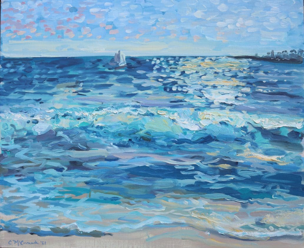 A painting of the ocean with waves coming in.