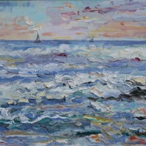 A painting of the ocean with waves and clouds