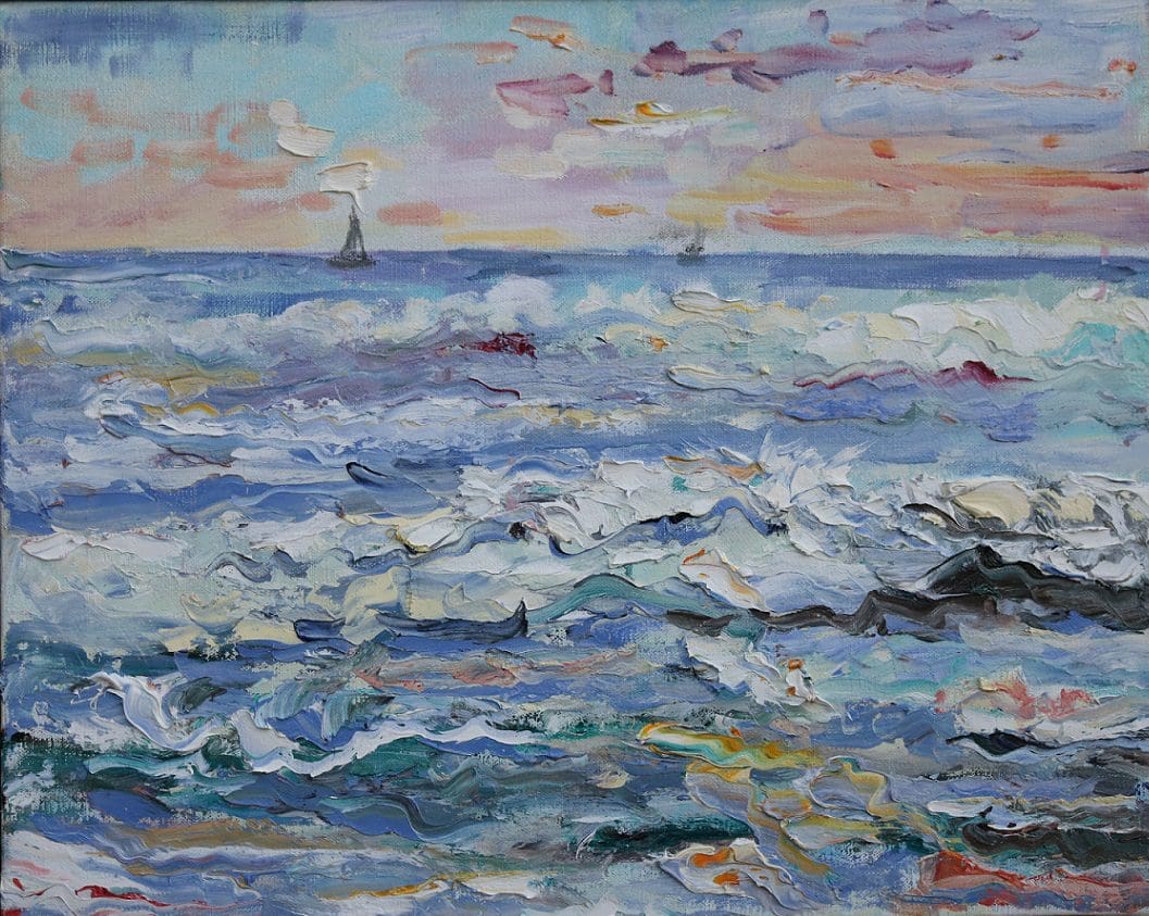 A painting of the ocean with waves and clouds