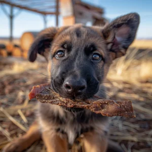 Puppy chewing a piece of jerky outside.