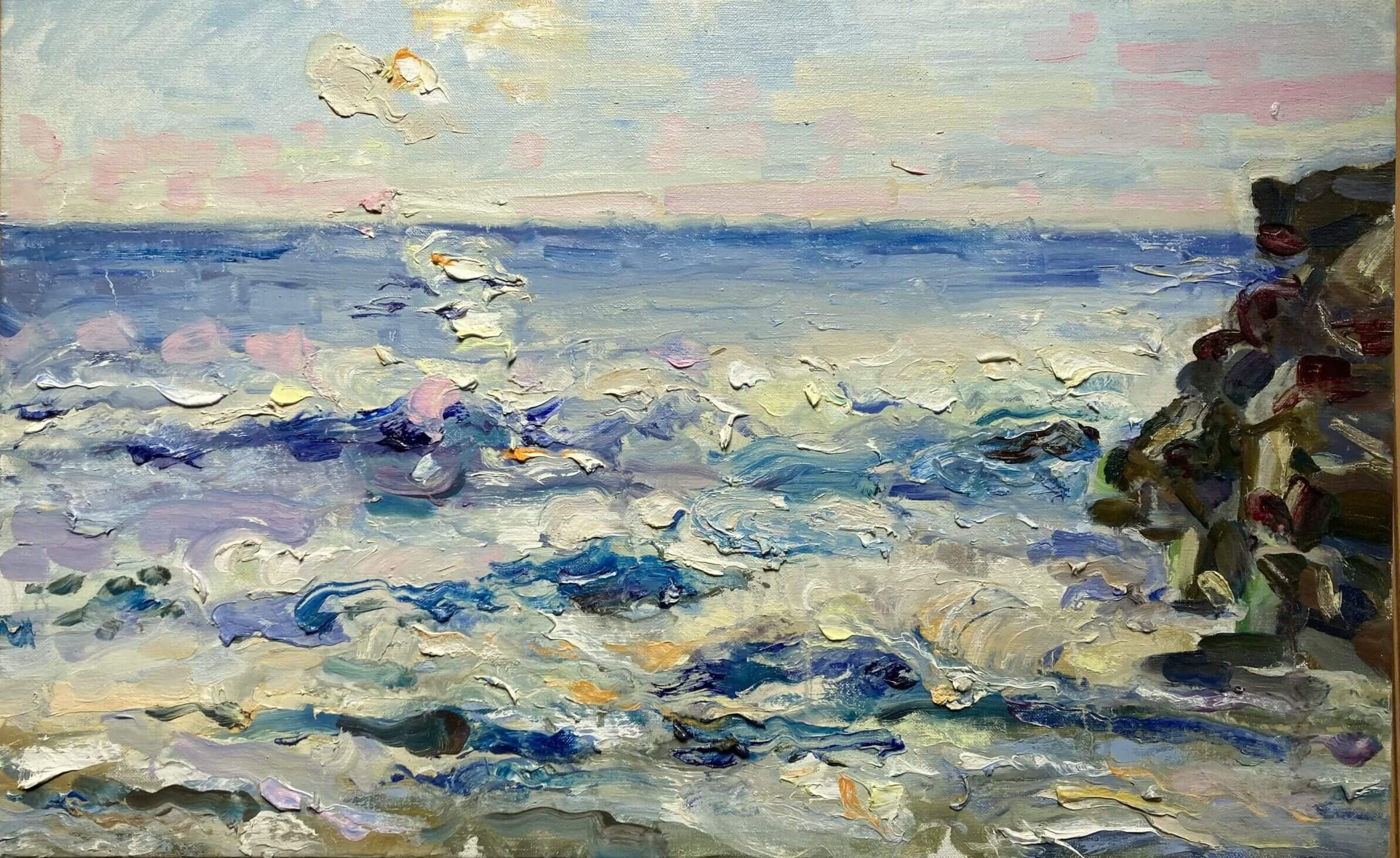Impressionist painting of a seascape with waves.
