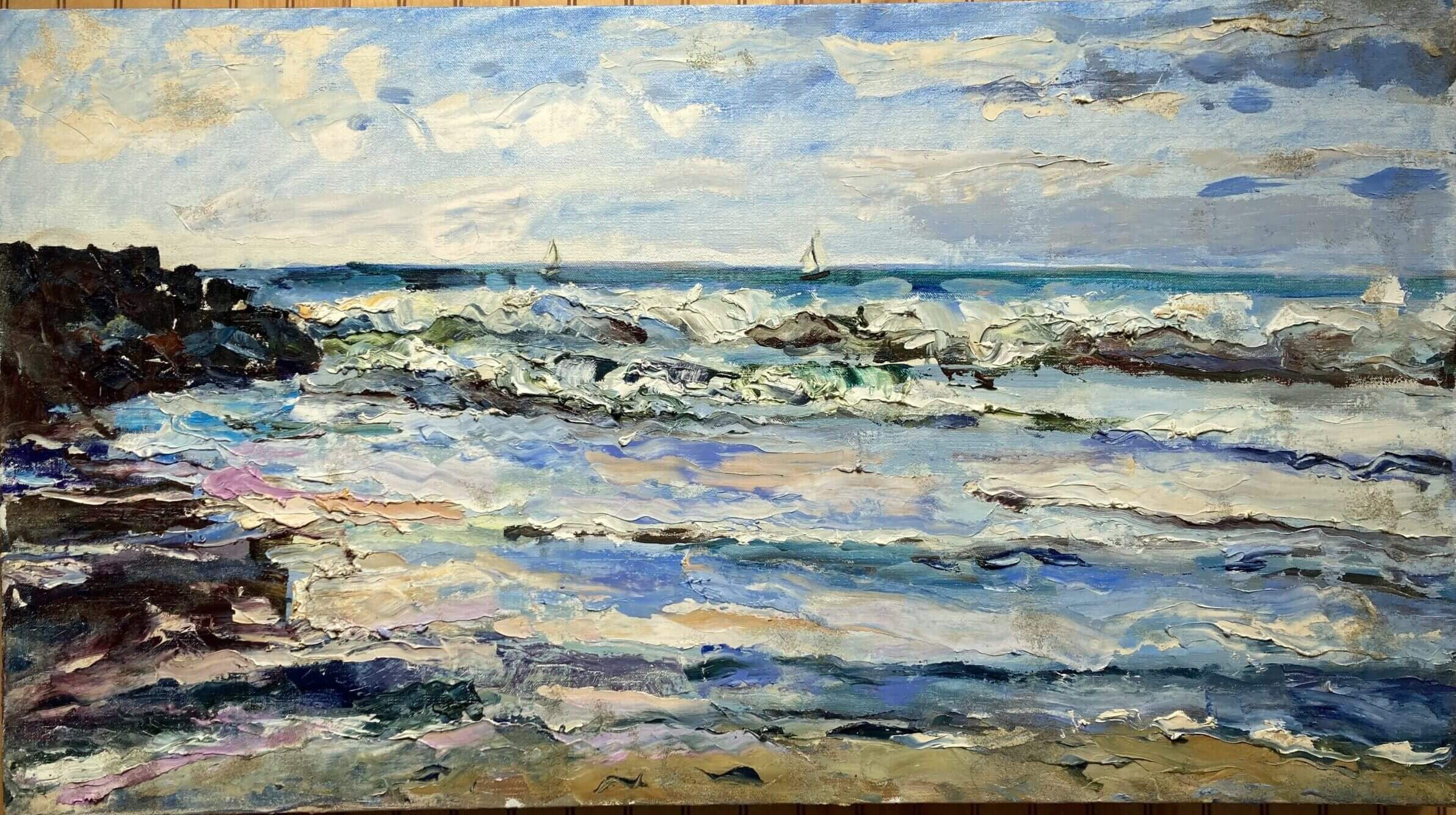 Impressionist seascape painting with sailboats visible.