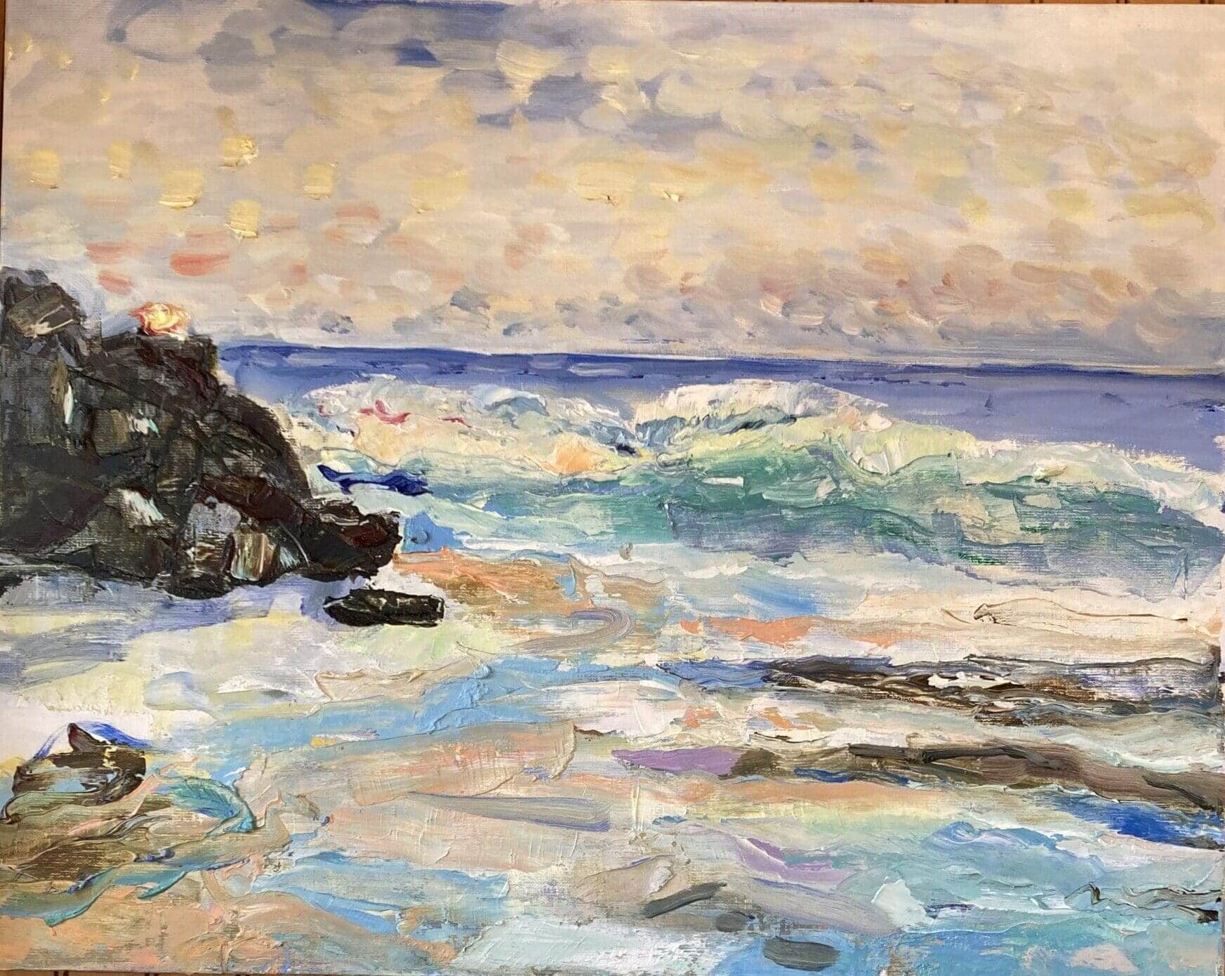 Impressionist painting of a rocky seascape.